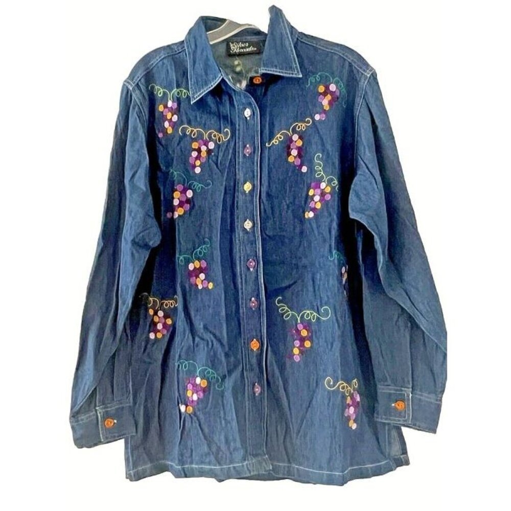 Silver Threads Wine Med Embroidered Jean ButtonUp Blouse Boho Grape‎ Vineyard